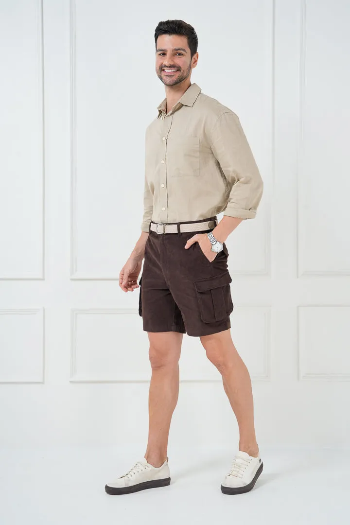 Coffee Brown Corduroy Stretch Cargo Shorts