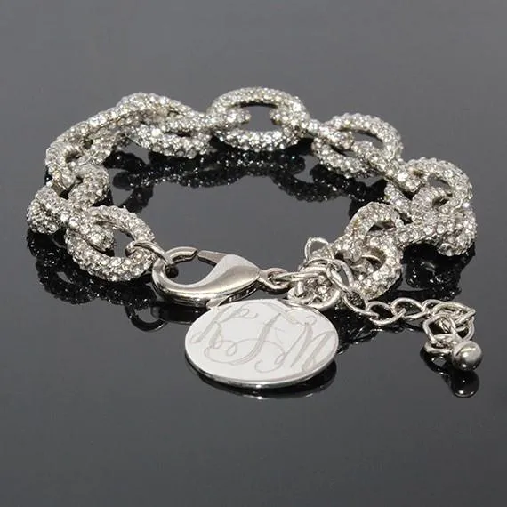 CZ Pave Link Bracelet with Engraved Disc