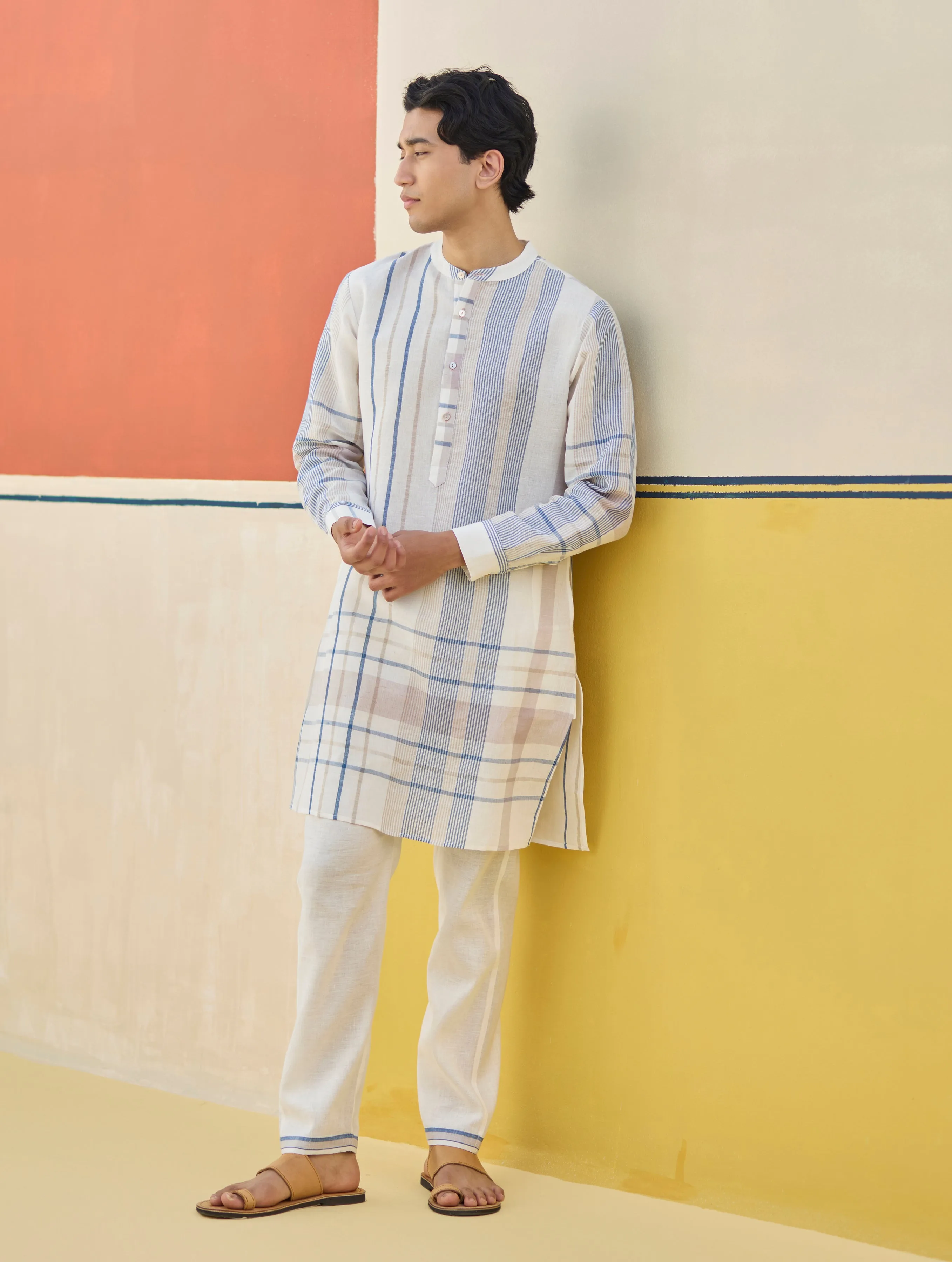 Dako Modern Check Linen Kurta - Ivory