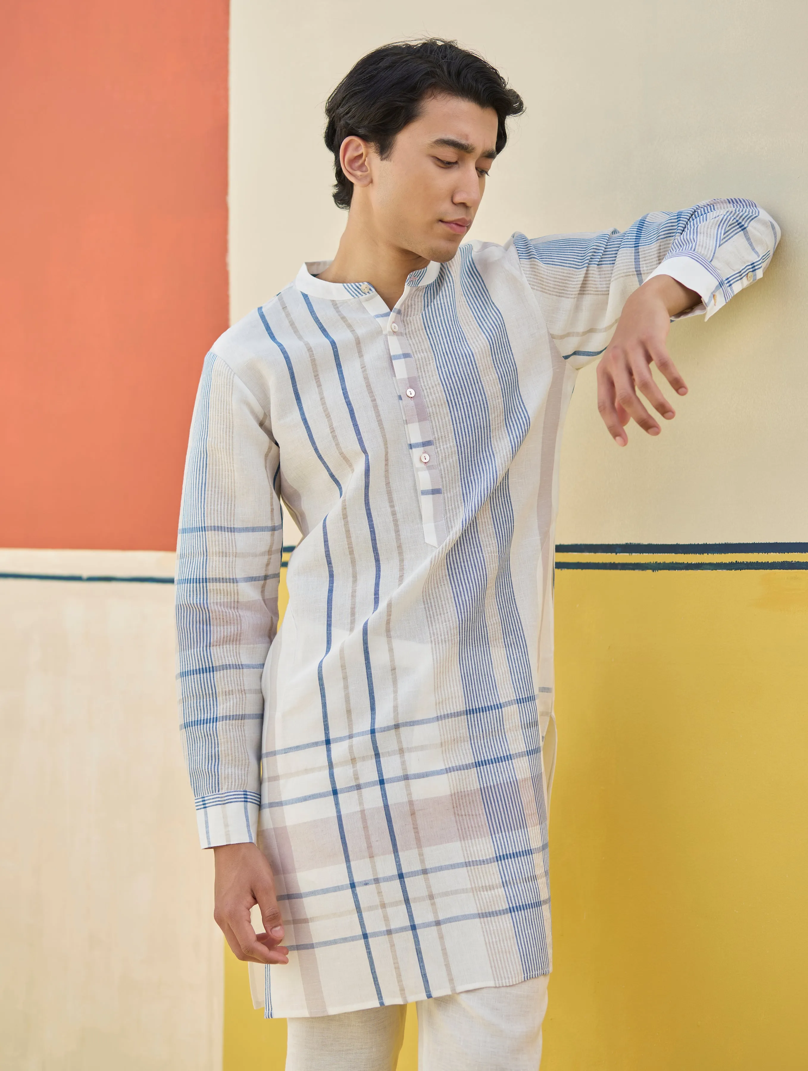 Dako Modern Check Linen Kurta - Ivory