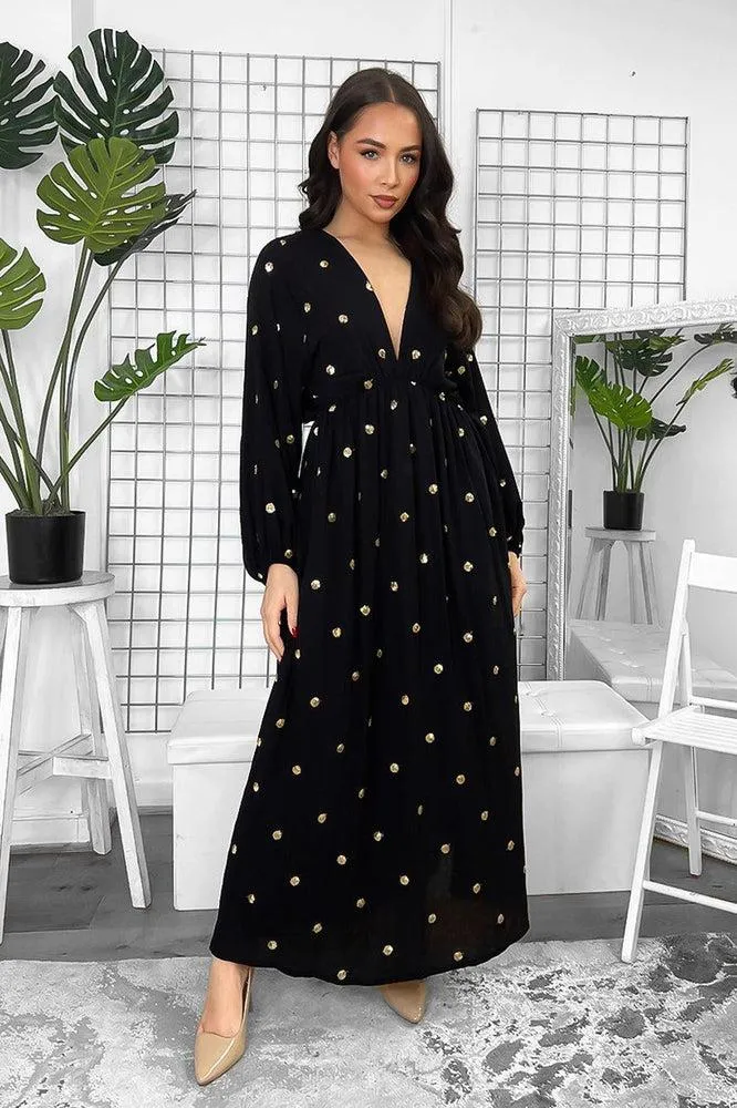 Deep V-Neck Golden Bokeh Chiffon Maxi Dress