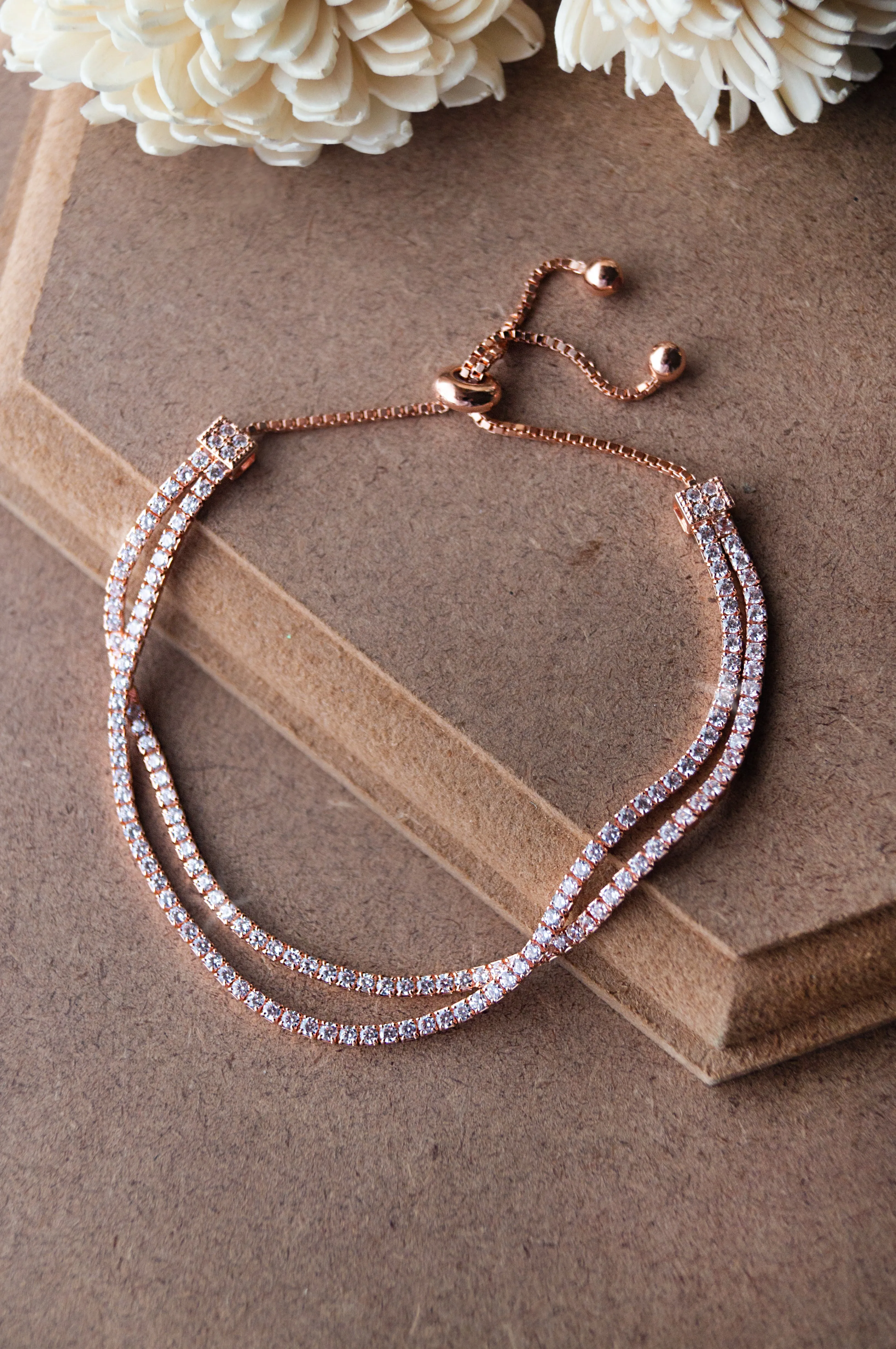 Double Layer Tennis Rose Gold Plated Sterling Silver Pull Chain Bracelet