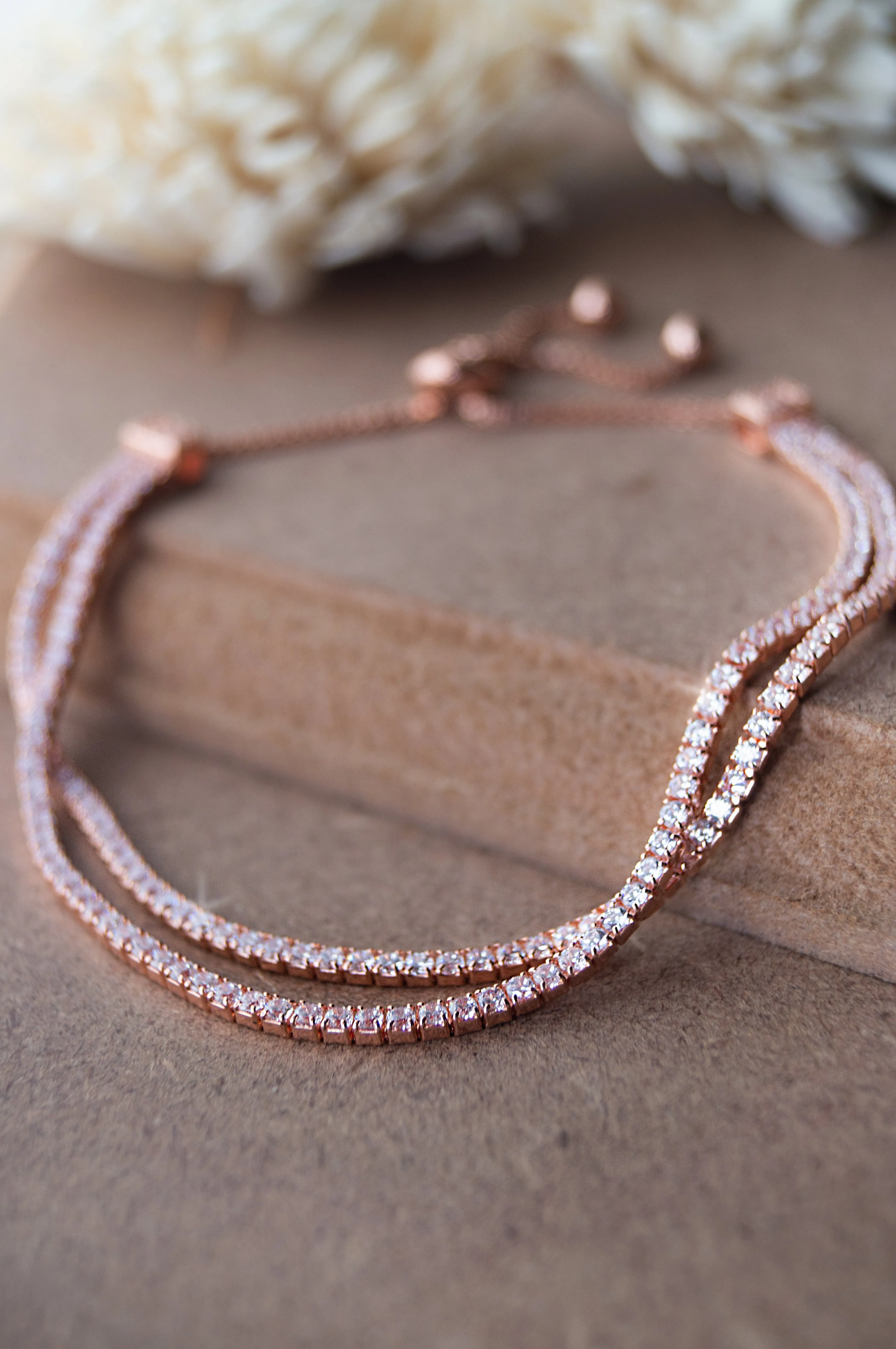 Double Layer Tennis Rose Gold Plated Sterling Silver Pull Chain Bracelet