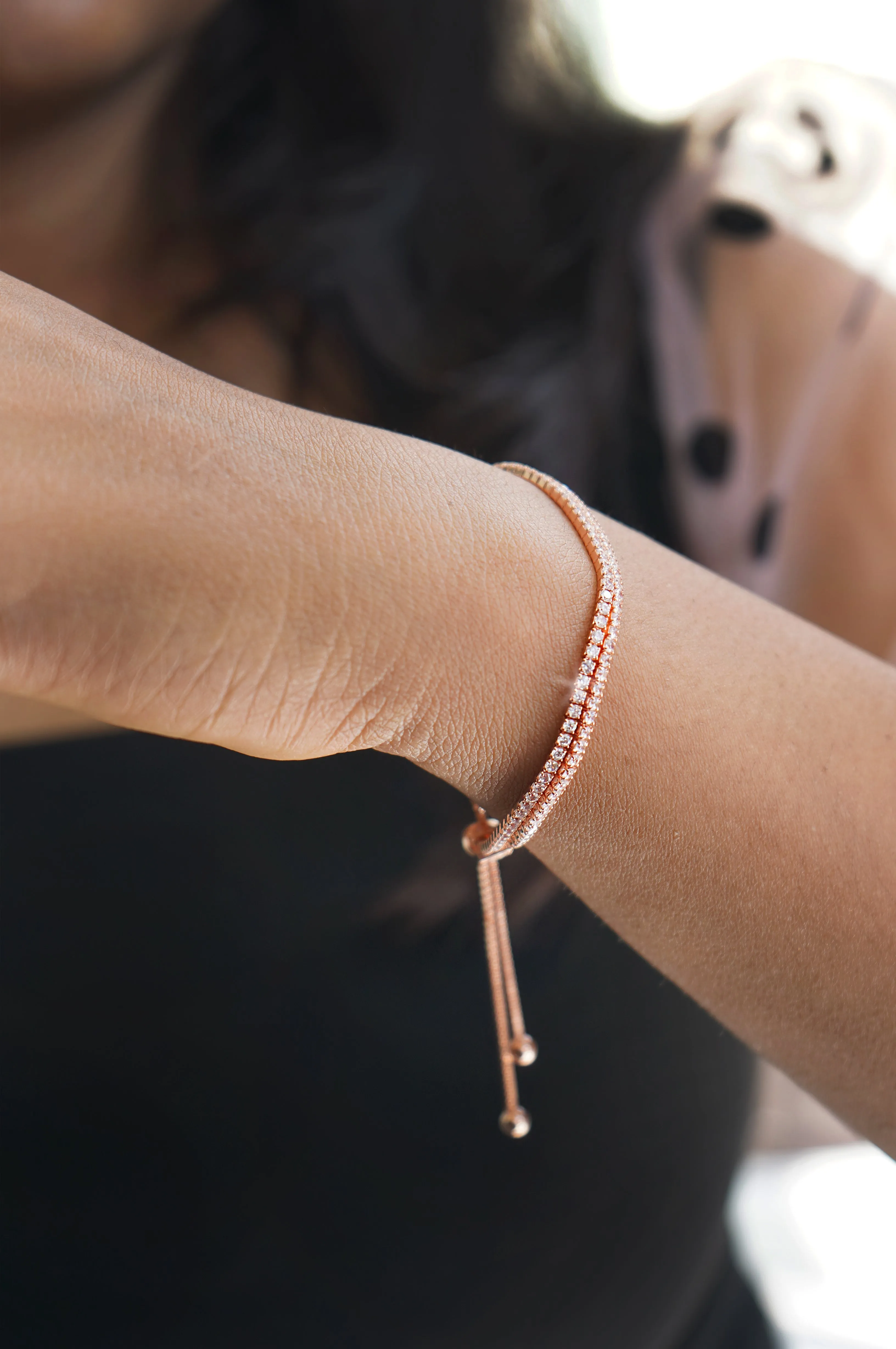 Double Layer Tennis Rose Gold Plated Sterling Silver Pull Chain Bracelet