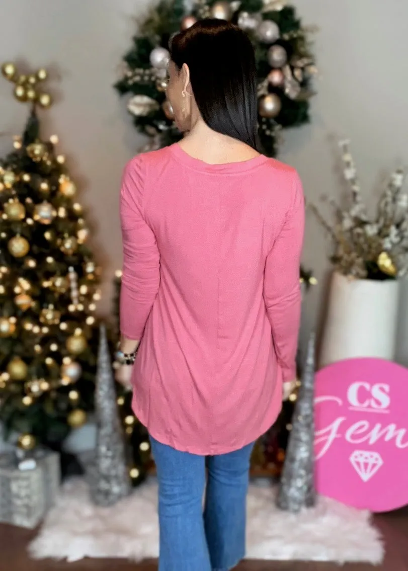 DUSTY ROSE LUXE RAYON LONG SLEEVE V-NECK DOLPHIN HEM TOP