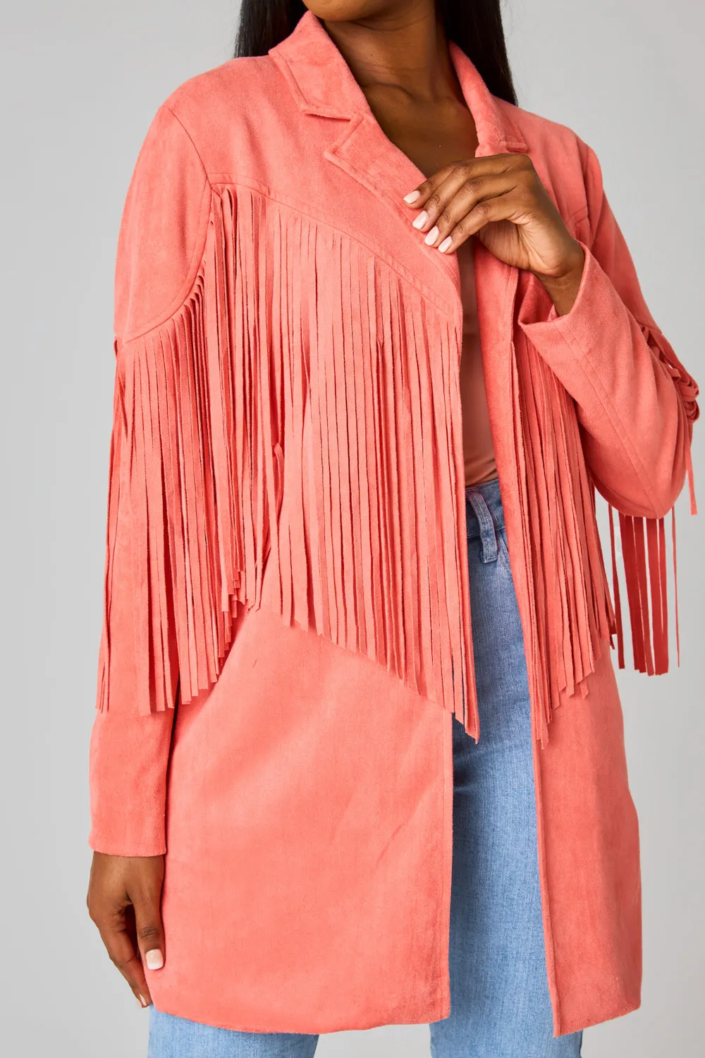 Dutton Fringe Suede Jacket - Coral