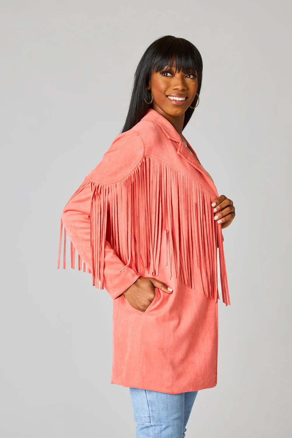 Dutton Fringe Suede Jacket - Coral