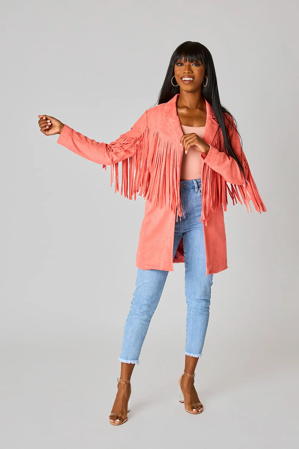 Dutton Fringe Suede Jacket - Coral