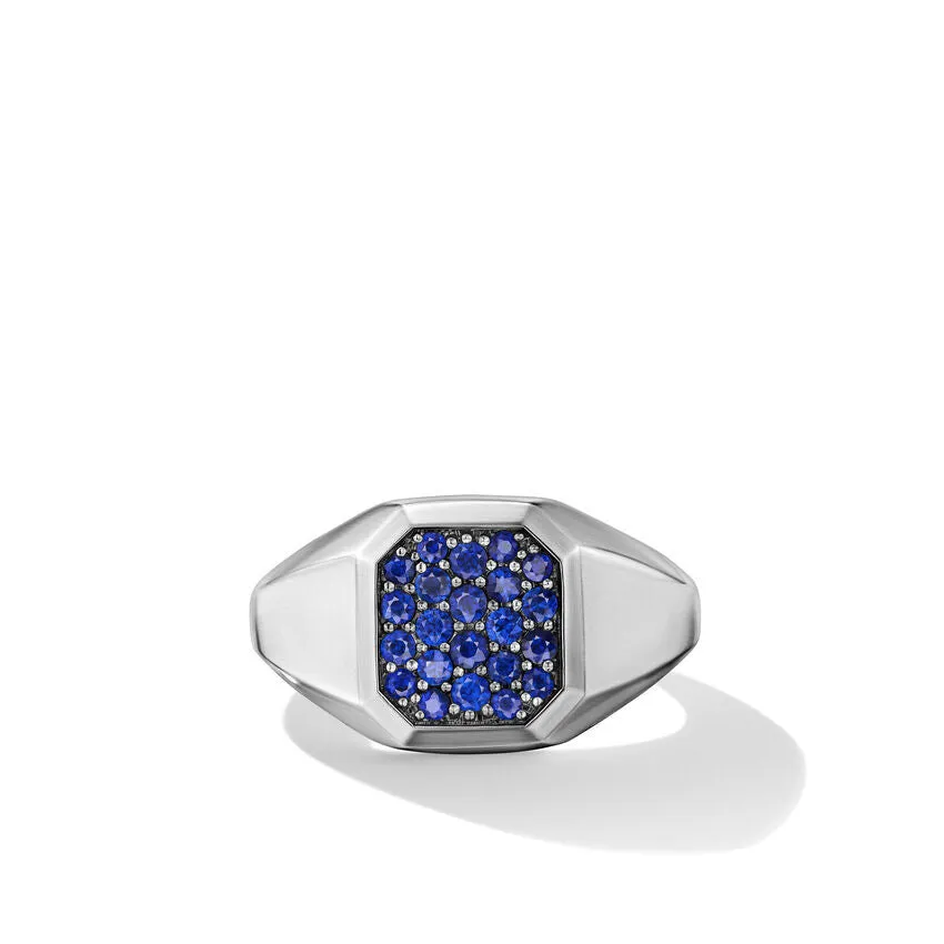 DY Gents Streamline Signet Ring in Sterling Silver with Blue Sapphires, 14mm