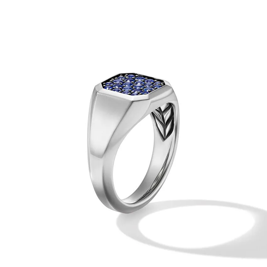 DY Gents Streamline Signet Ring in Sterling Silver with Blue Sapphires, 14mm