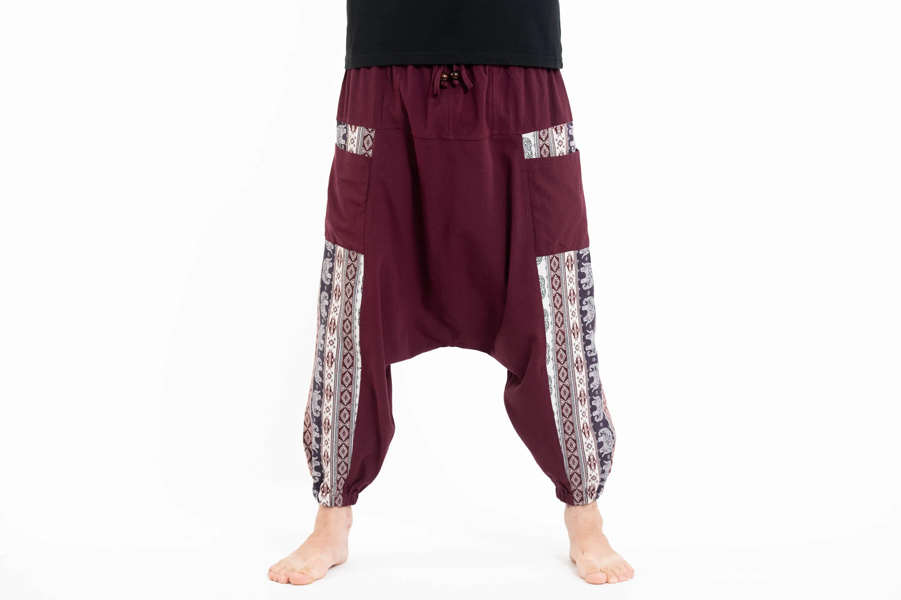 Elephant Aztec Cotton Men's Harem Pants in Burgandy