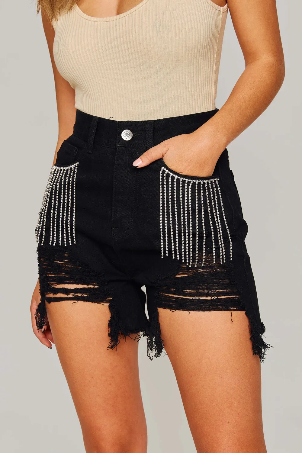 Elvis Crystal Fringe Denim Shorts - Black