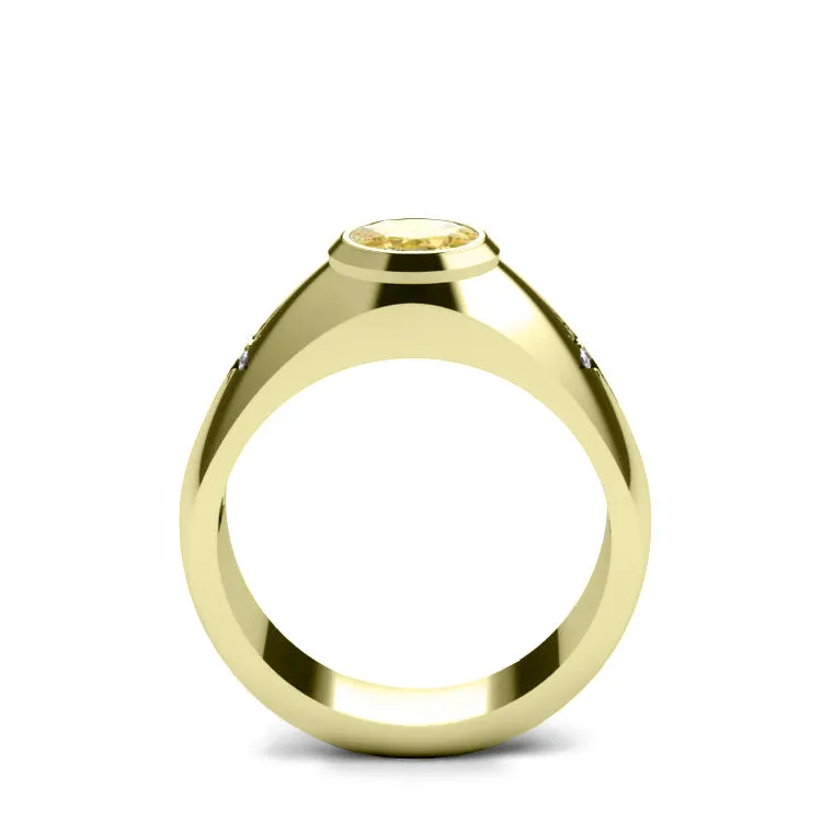 Engagement Men's Ring in Solid 18K Yellow Gold Oval Citrine Diamonds with North Star Accent