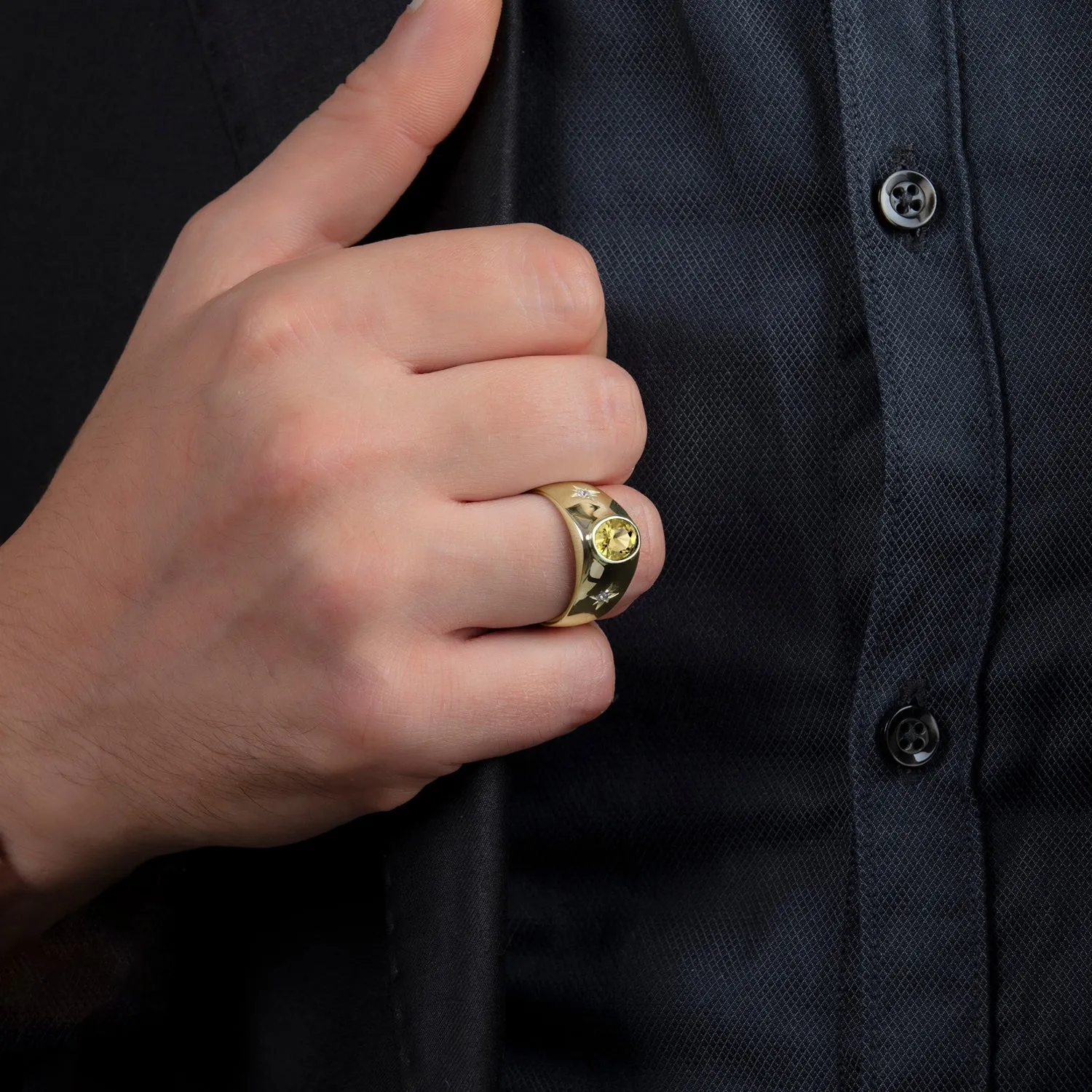 Engagement Men's Ring in Solid 18K Yellow Gold Oval Citrine Diamonds with North Star Accent