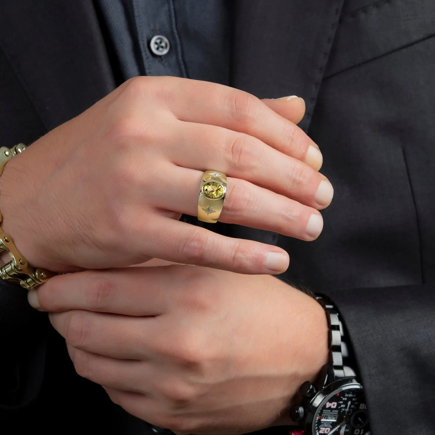 Engagement Men's Ring in Solid 18K Yellow Gold Oval Citrine Diamonds with North Star Accent