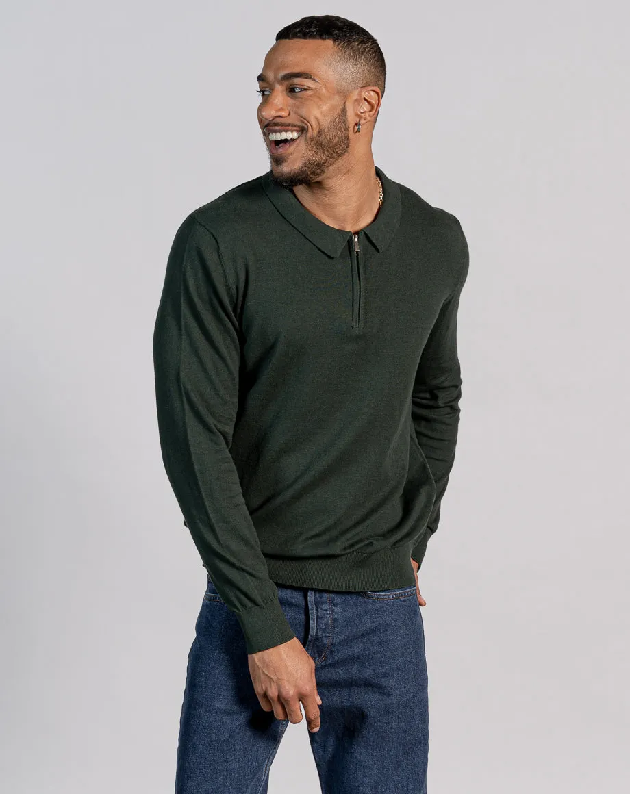 ESSENTIAL LONG SLEEVE ZIPPED POLO TOP - DARK KHAKI