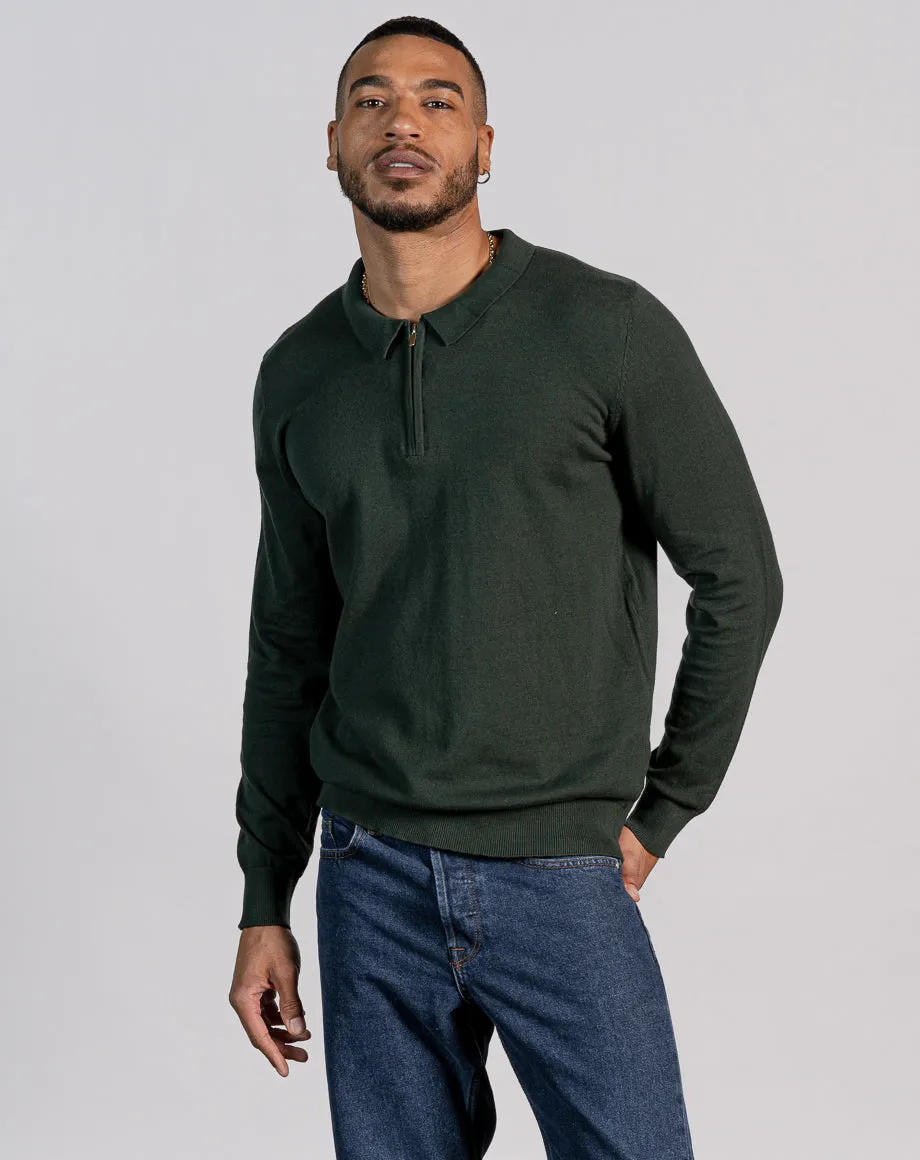 ESSENTIAL LONG SLEEVE ZIPPED POLO TOP - DARK KHAKI