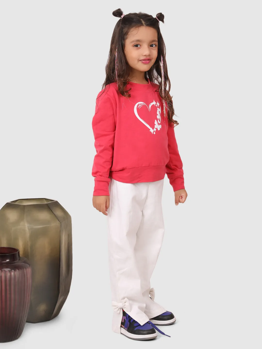 Full Sleeve Heart print T-shirt With pant Pink and White