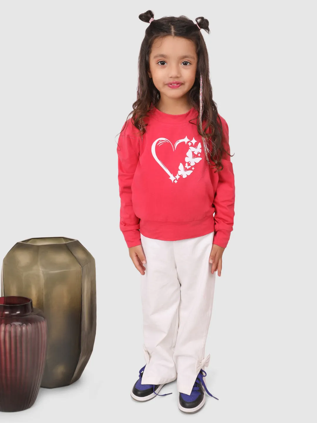 Full Sleeve Heart print T-shirt With pant Pink and White