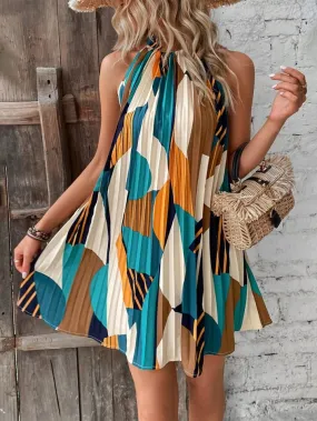 Geo print pleated hem halter dress in orange