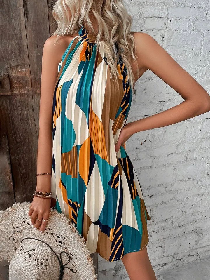 Geo print pleated hem halter dress in orange