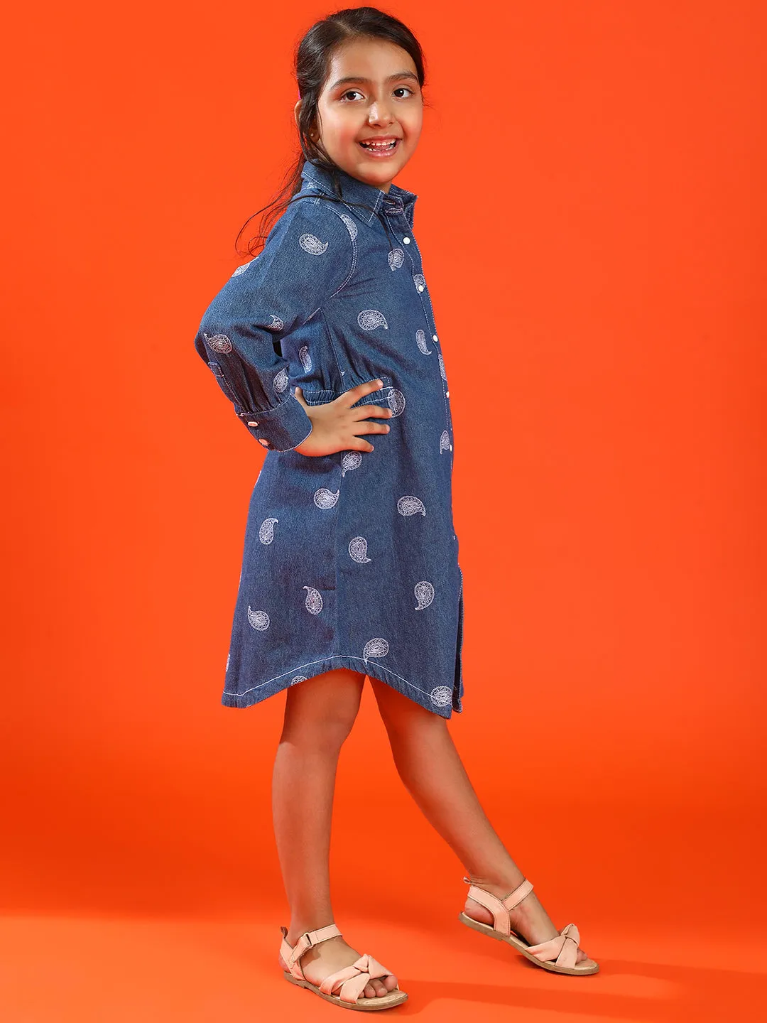 Girls Medium Blue 100% Cotton Regular Fit Embroidery Dress