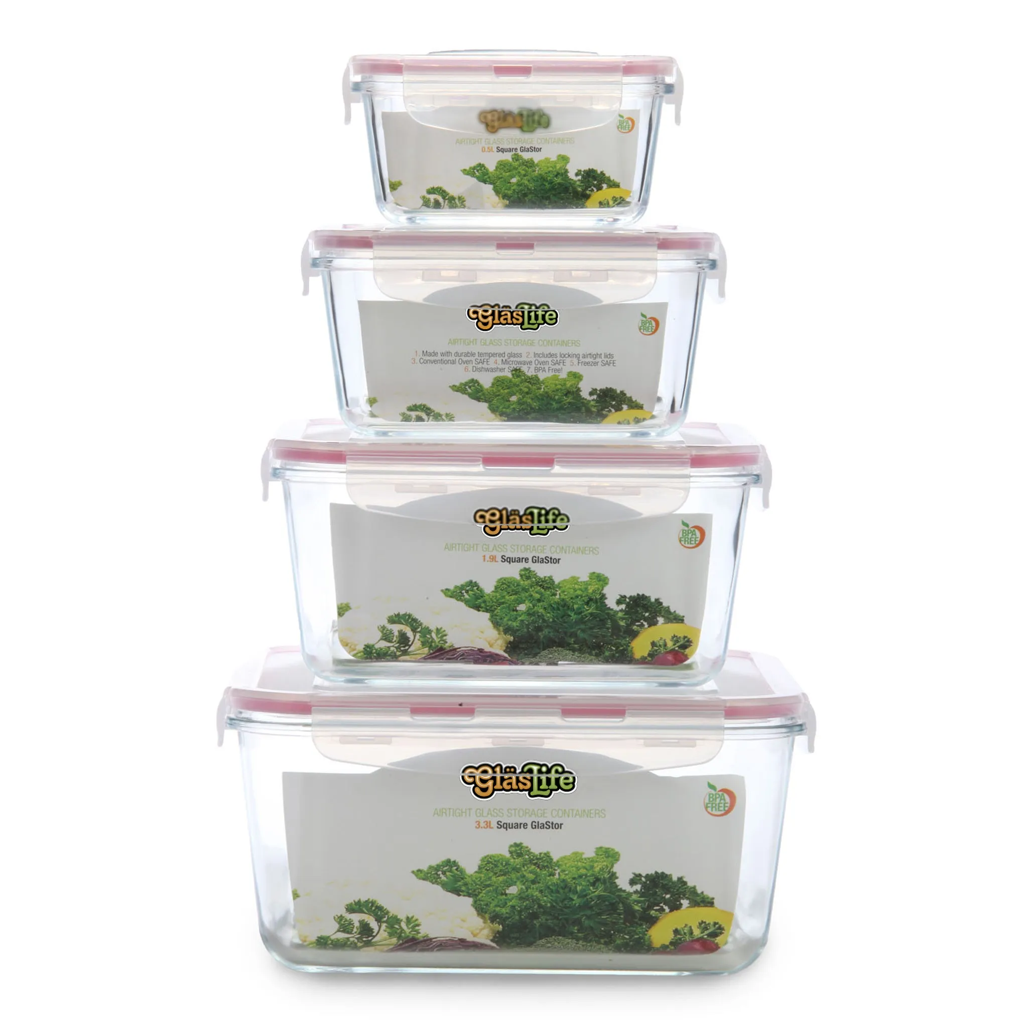 GlasLife Refurbished Airtight Square Glass Containers (Set of 4)