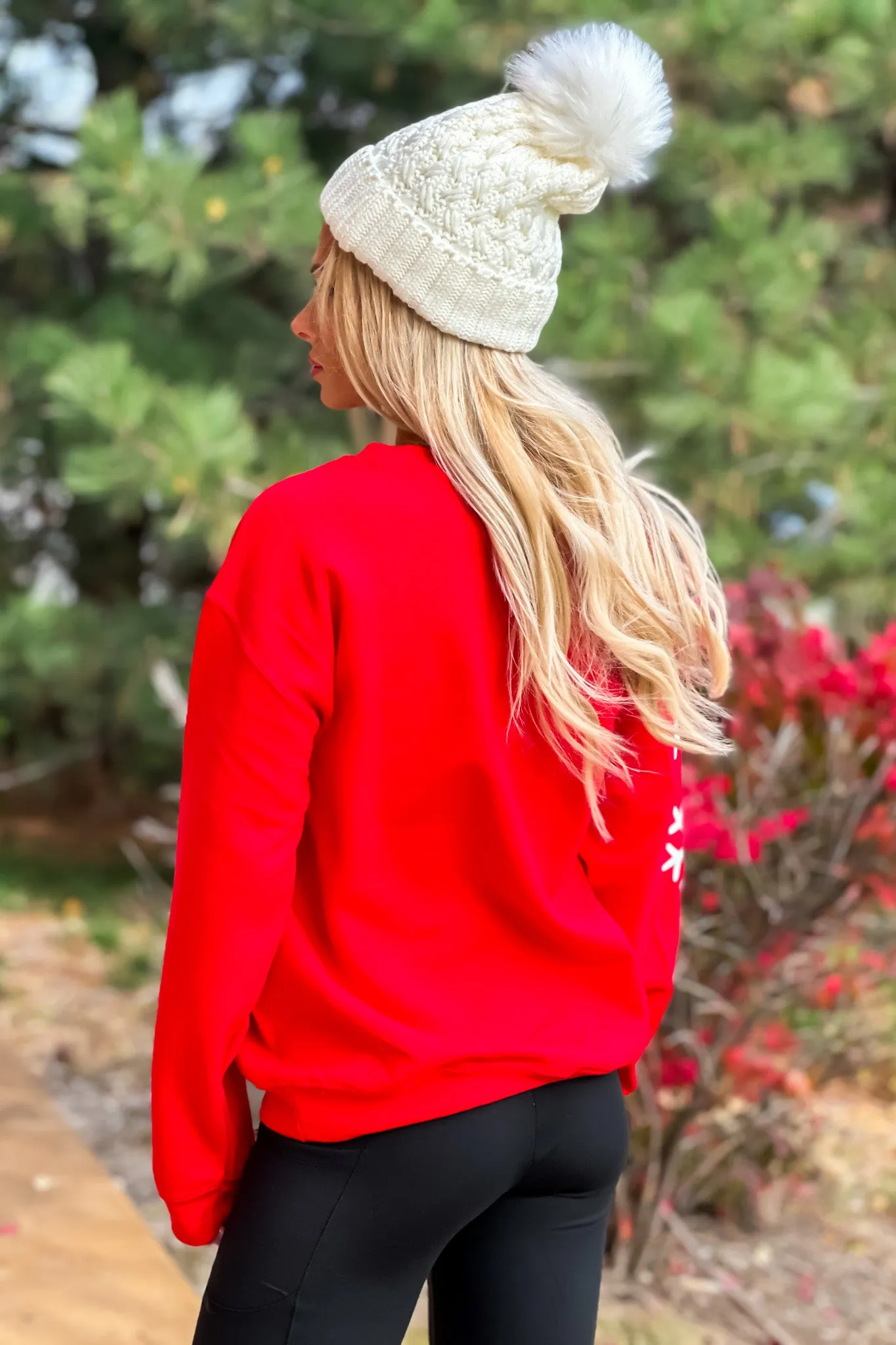 Glitter Merry Snowflake Varsity Sweatshirt : Red/White