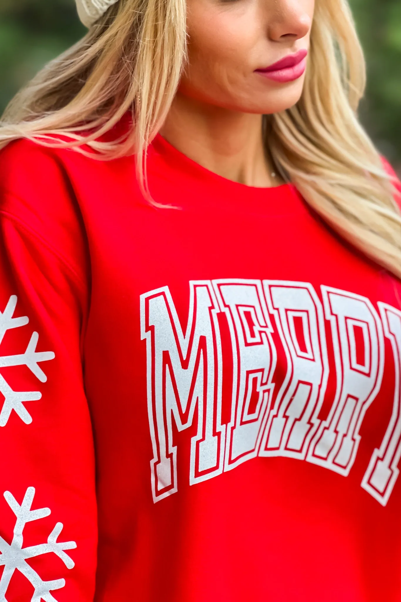 Glitter Merry Snowflake Varsity Sweatshirt : Red/White