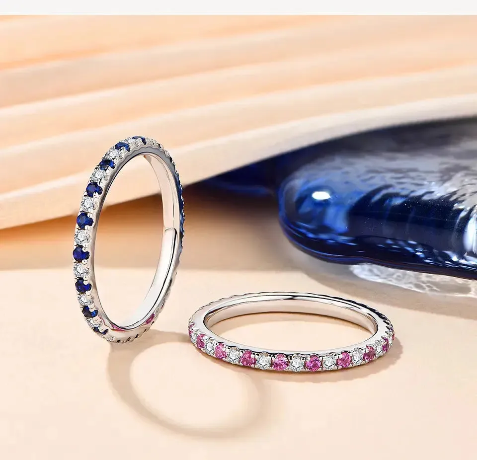 Gold or Silver 1.5mm Moissanite Eternity Ring with Blue Sapphire .5ctw