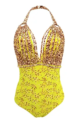 Hemp Leopard Print Halterneck Swimsuit