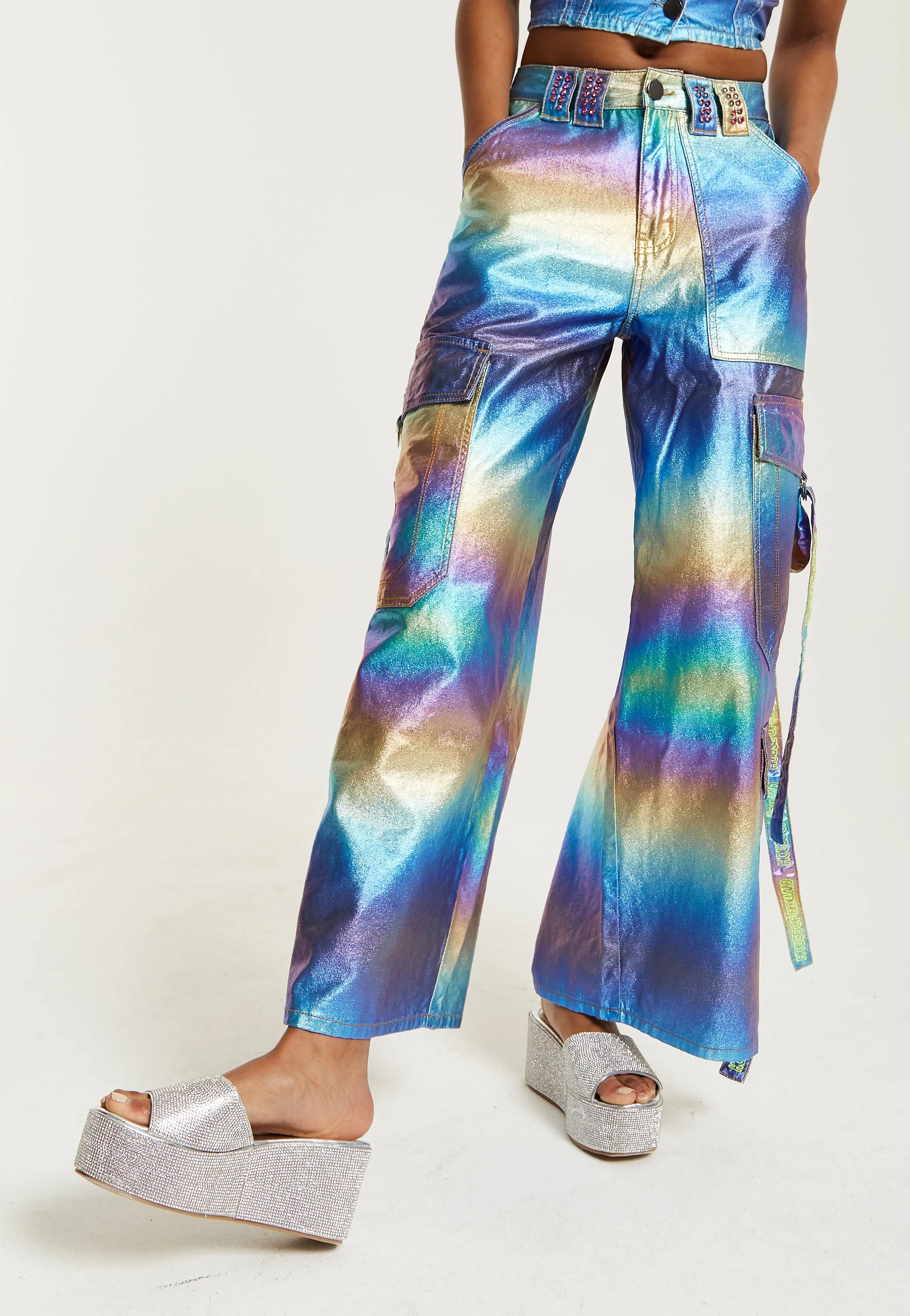 House Of Holland Metallic Rainbow Cargo Trousers