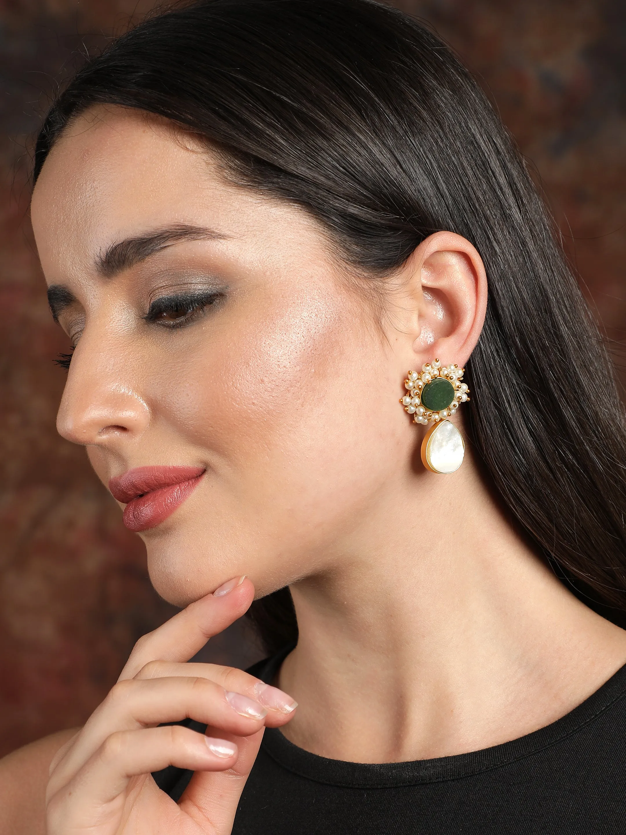 Ishin Gold Plated Green Stone Teardrop Shaped Drop Earing