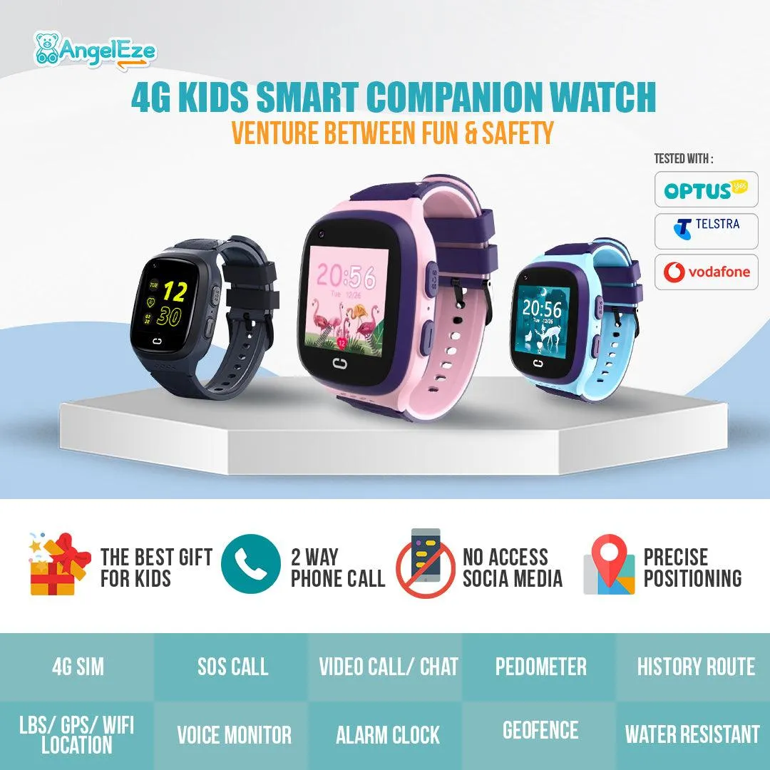 Kids 4G LTE Smart Companion Watch - GPS Location Tracking and Video Calling - IP65 Water Resistant Watch for Kids