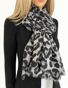 LARGE DARK GREY COTTON MIX LEOPARD PRINT SCARF