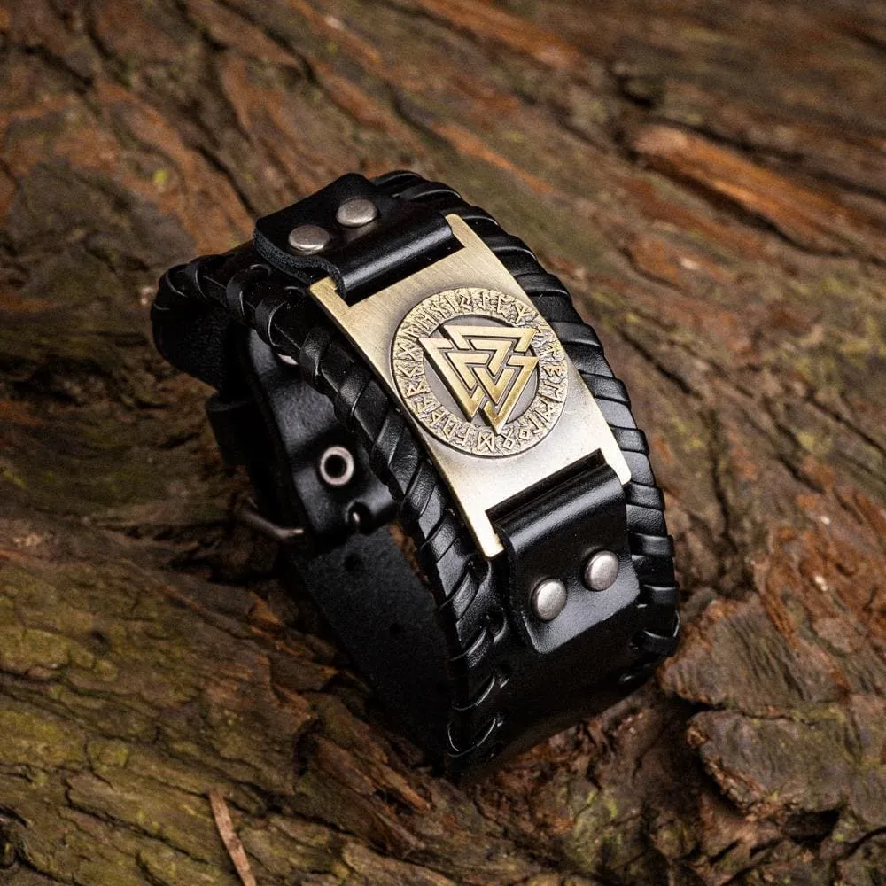 Leather Buckle Arm Cuff With Metal Valknut Design