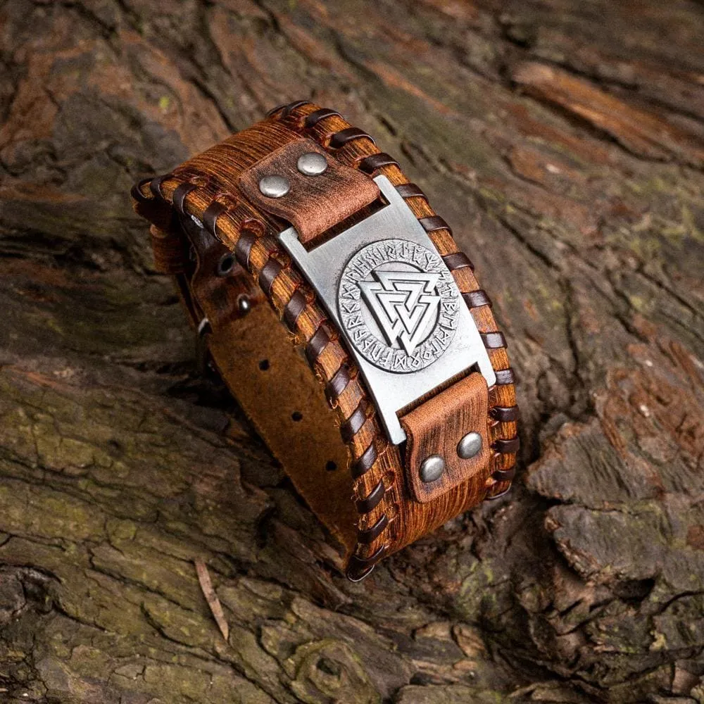 Leather Buckle Arm Cuff With Metal Valknut Design