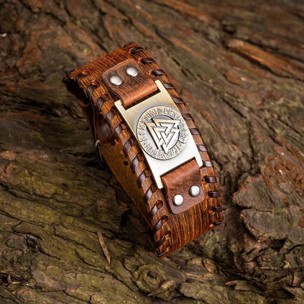 Leather Buckle Arm Cuff With Metal Valknut Design