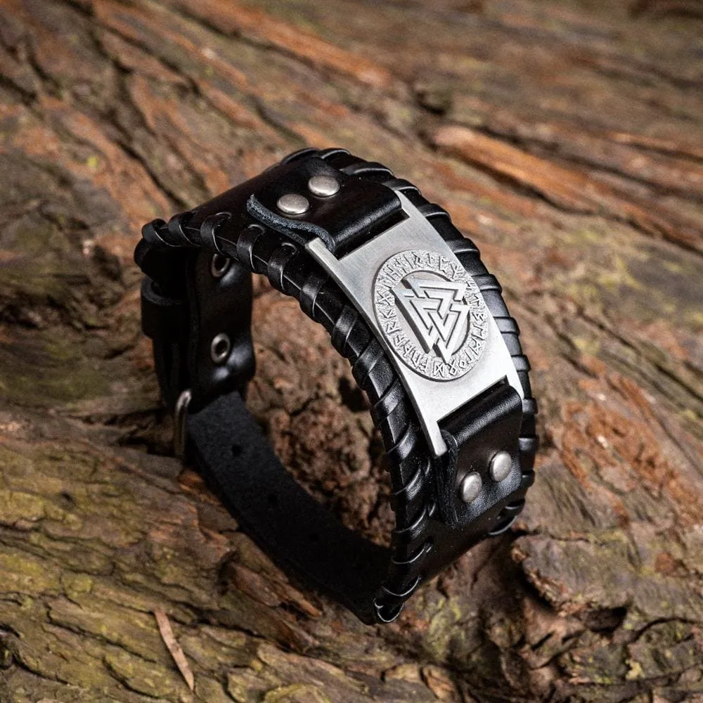 Leather Buckle Arm Cuff With Metal Valknut Design