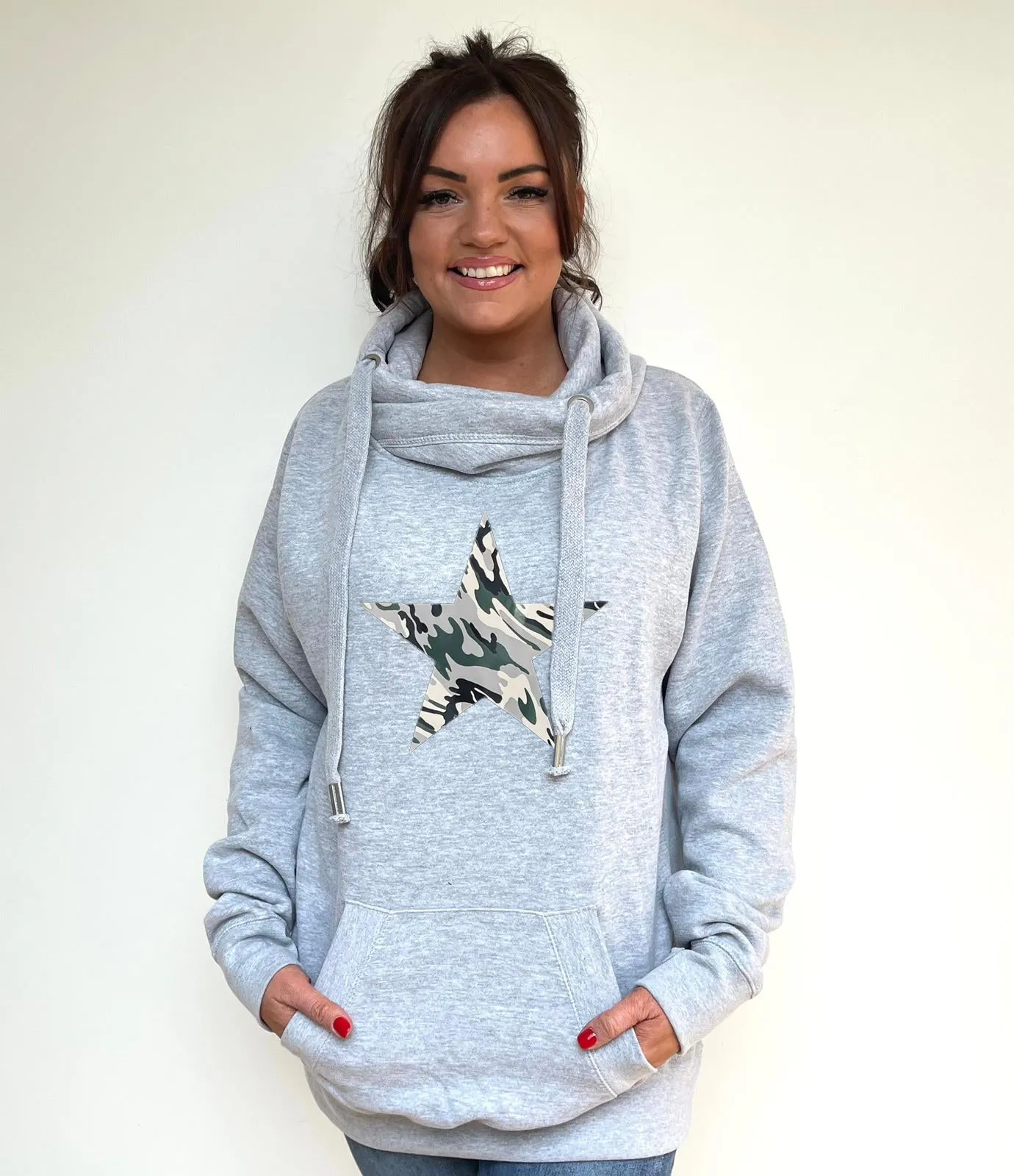 Luxury Cowl Neck Camo Star Hoodie - Grey