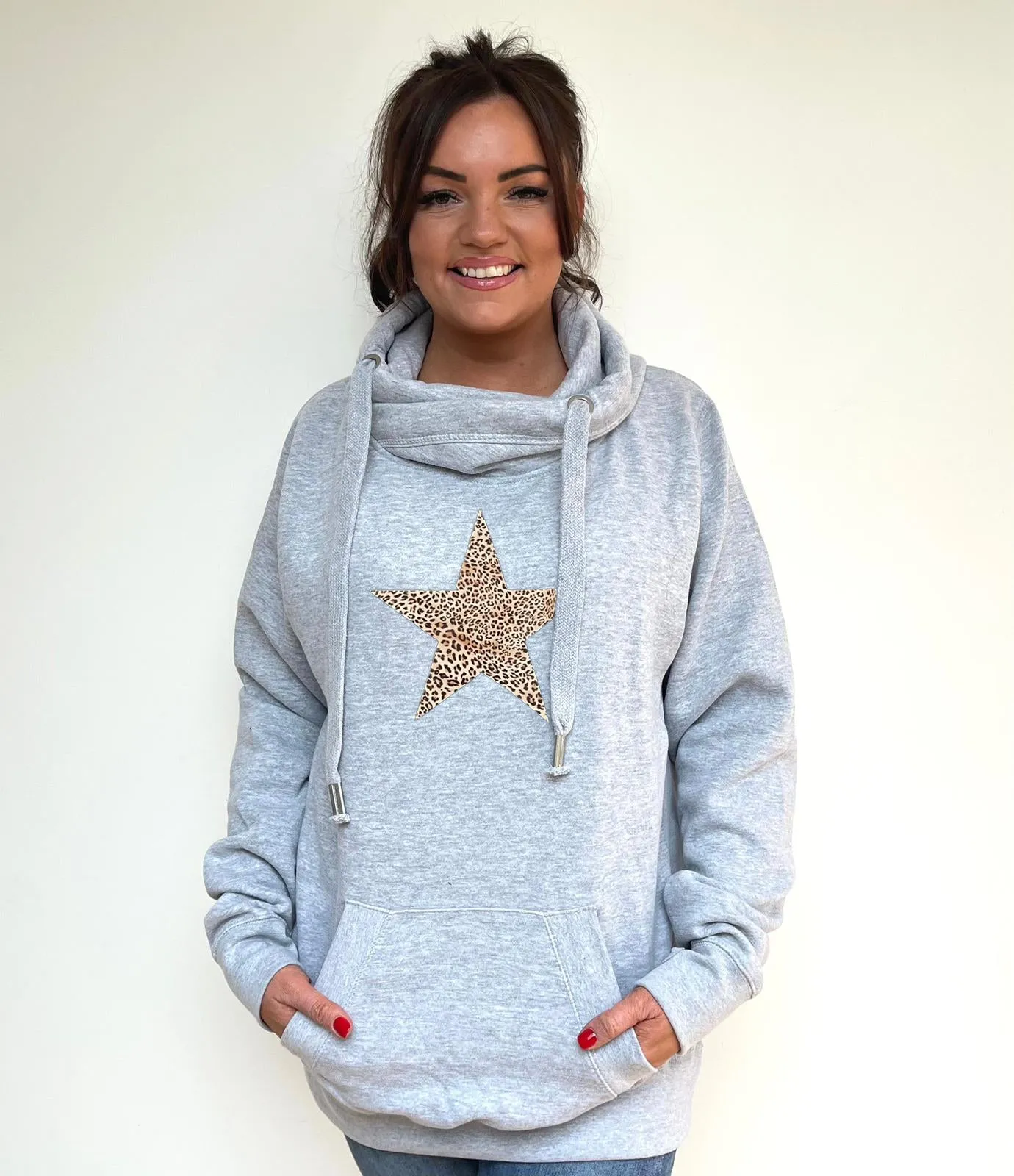 Luxury Cowl Neck Leopard Star Hoodie - Grey