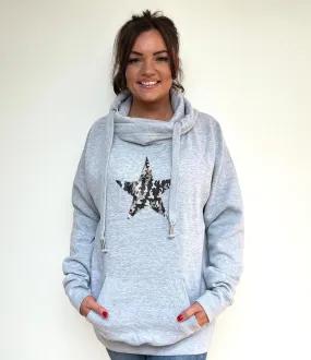 Luxury Cowl Neck Silver Camo Star Hoodie - Grey