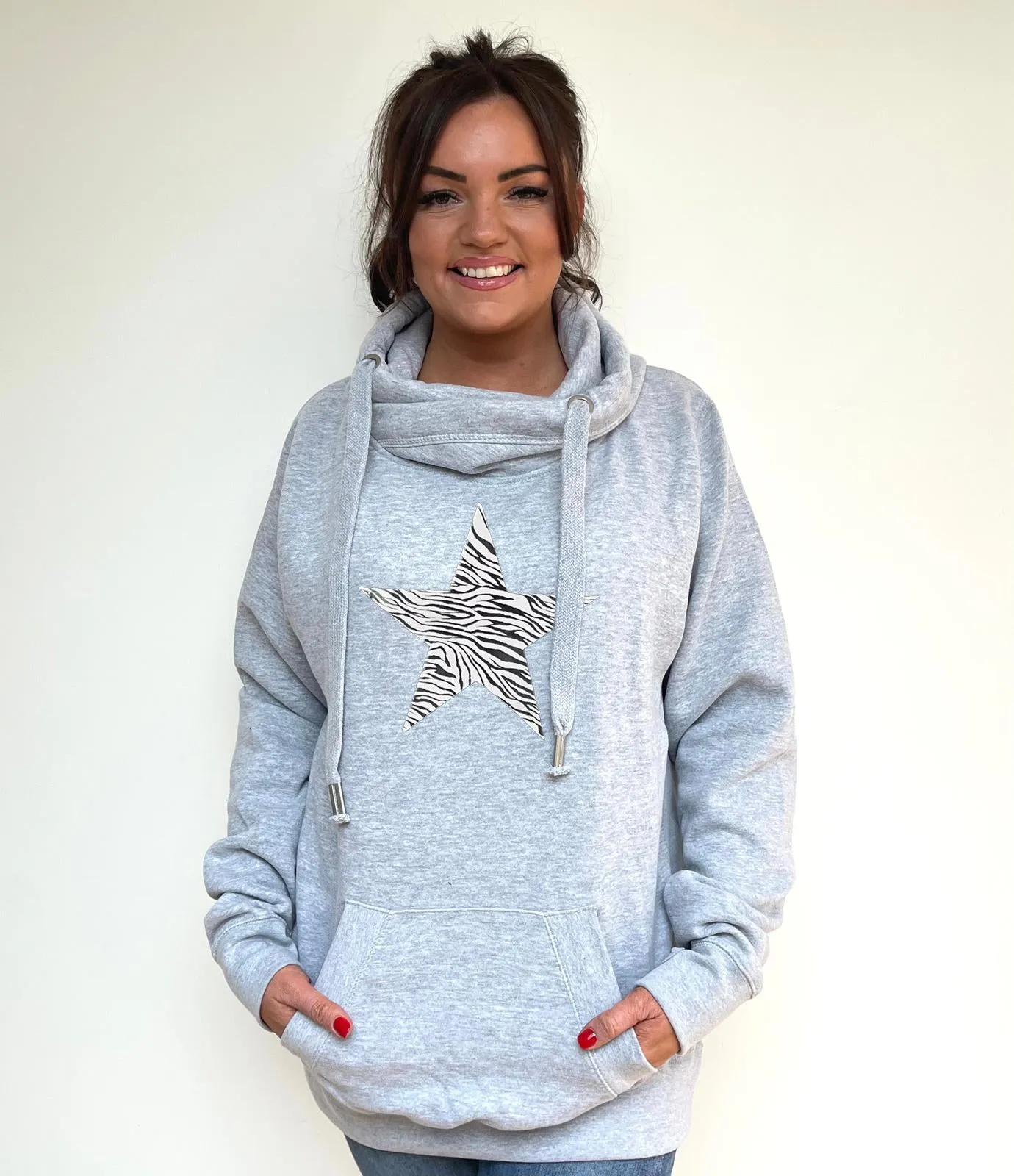 Luxury Cowl Neck Zebra Star Hoodie - Grey