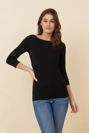 Majestic Soft Touch 3/4 Sleeve Merrow Edge Boatneck in Noir