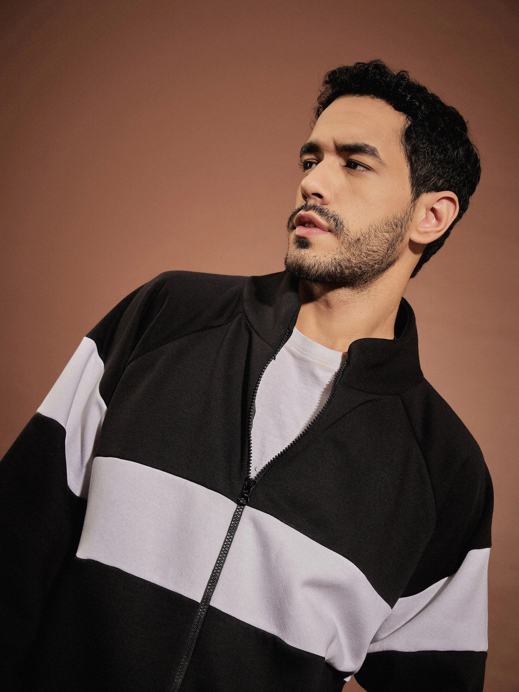 Men Black & White Colorblock Oversized Zipper Sweatshirt