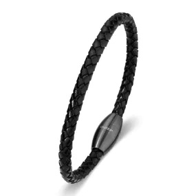 Mens leather stainless steel bracelet Black weave