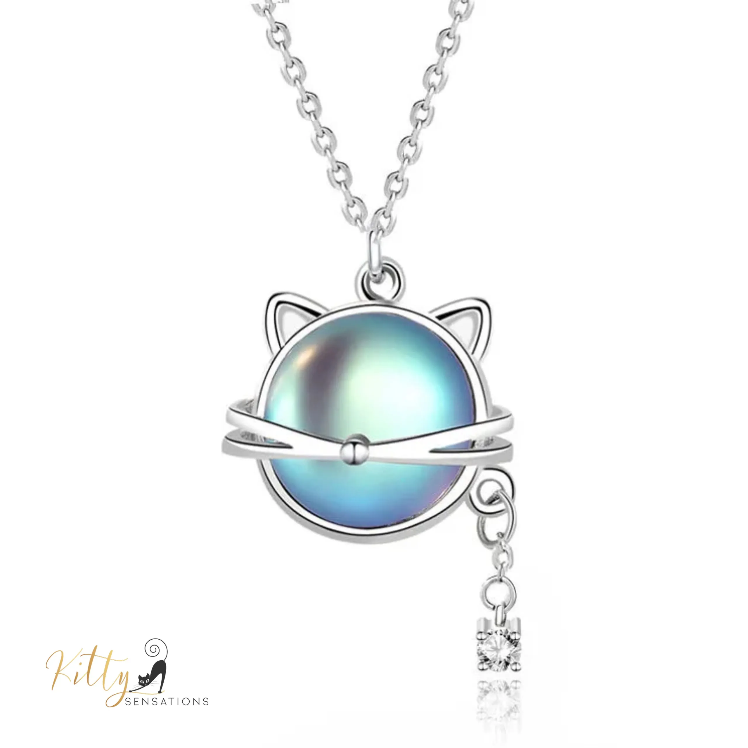 Natural Round Moonstone Kitty-Face Necklace with Hanging CZ, in Solid 925 Sterling Silver (Rhodium Plated)