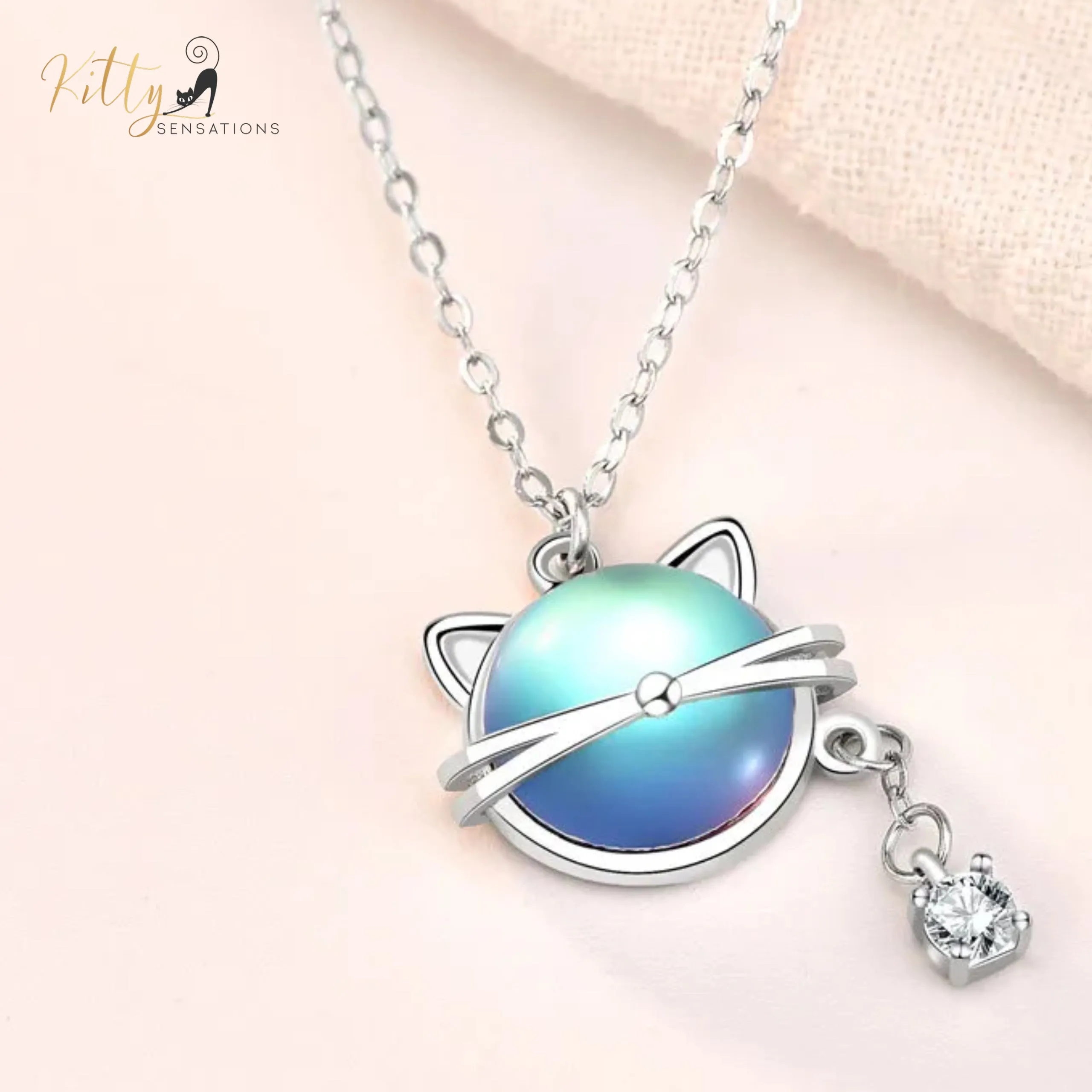 Natural Round Moonstone Kitty-Face Necklace with Hanging CZ, in Solid 925 Sterling Silver (Rhodium Plated)