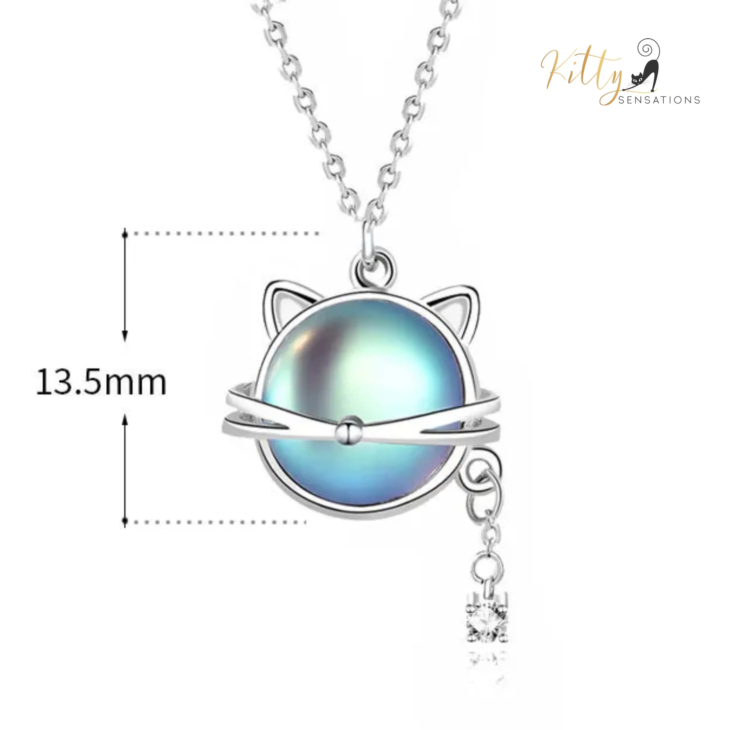 Natural Round Moonstone Kitty-Face Necklace with Hanging CZ, in Solid 925 Sterling Silver (Rhodium Plated)