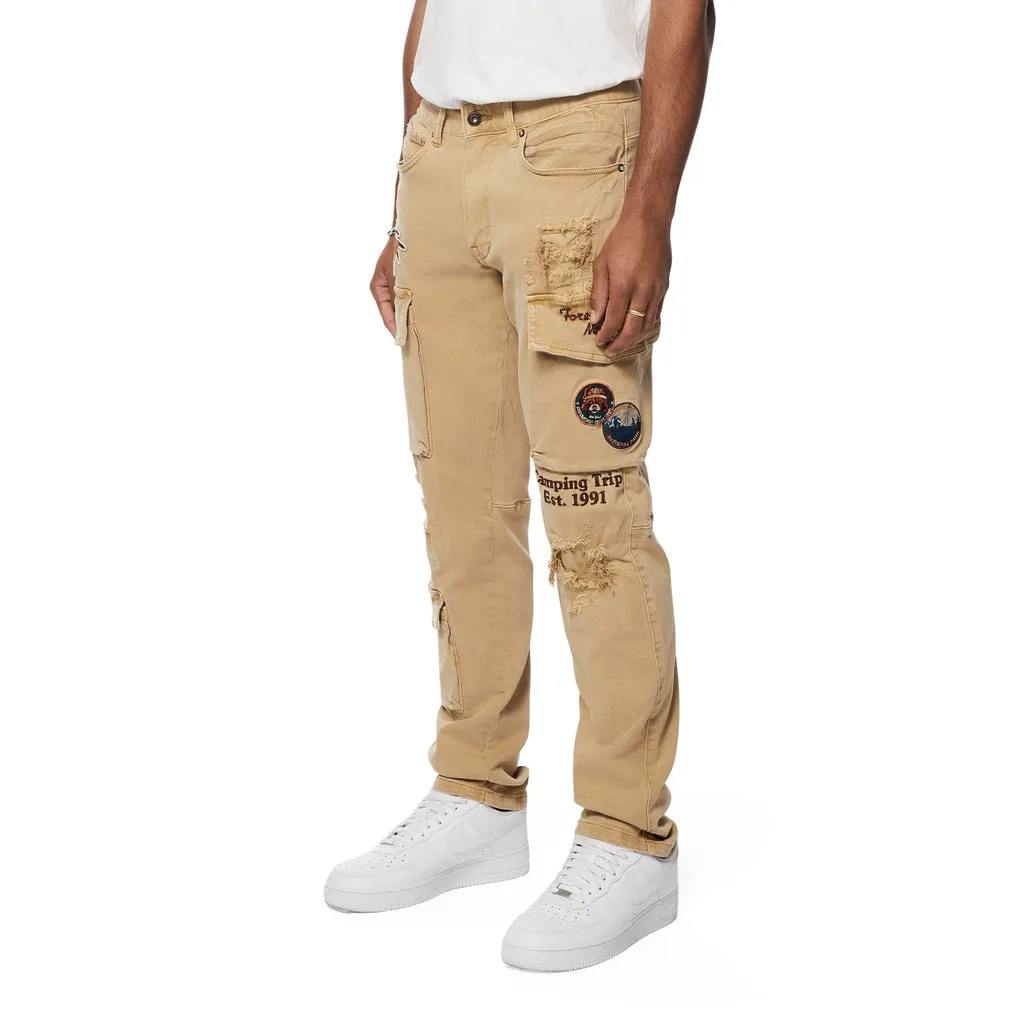 Outdoor Color Denim Cargo Pants - Khaki